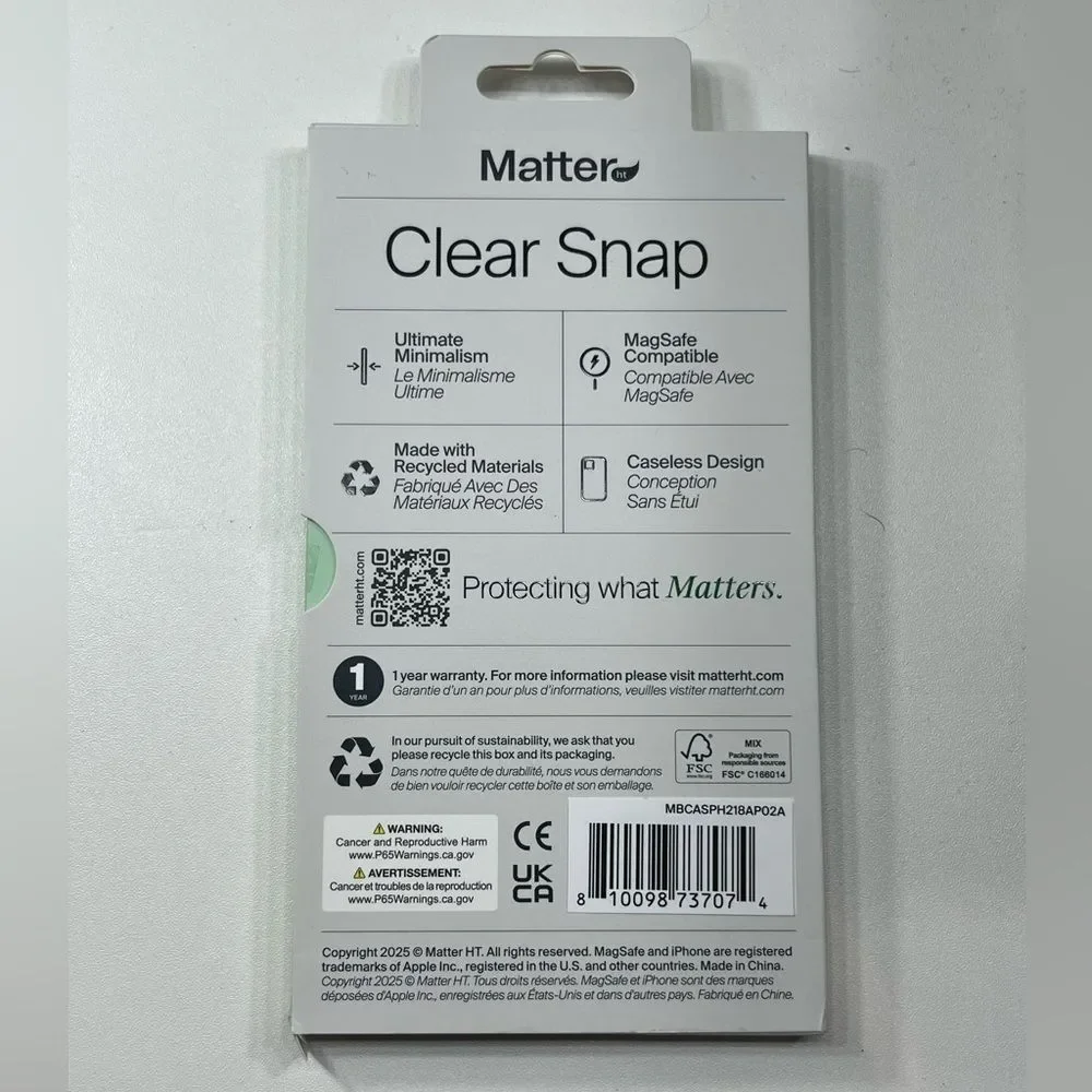 Matter Clear Snap MagSafe Case Ice/Glace iPhone 6.6” (2025) Open Box New